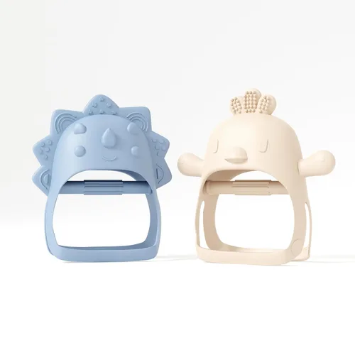Mordedor de silicona para bebé, paquete de 2 mordedores de mano, pequeño pollito, mini dinosaurio, juguete azul para bebé y juguetes beige para bebés