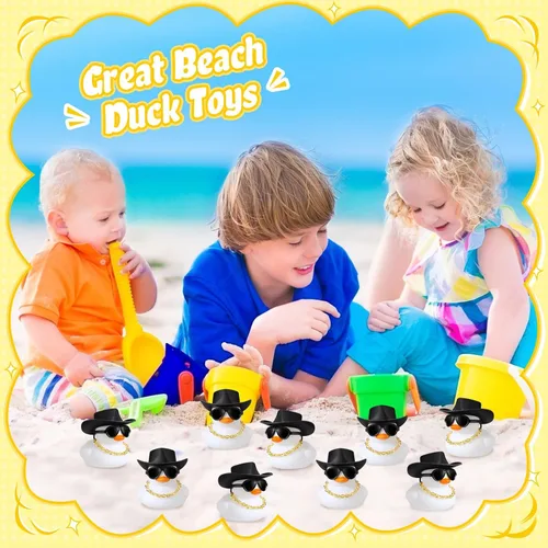 Miniatura 5 de Sotiff 48 Conjuntos de Patos de Goma Chirriantes Patos de Fiesta Patitos para Decoración de Tablero de Coche con Collar Mini, Sombrero y Gafas