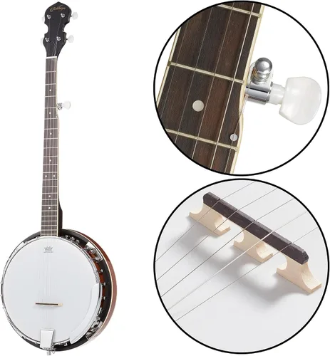 Miniatura 5 de Ashthorpe Banjo de 5 cuerdas, zurdo, tamaño completo con 24 soportes, parte trasera cerrada, resonador de caoba y sintonizador de 5 engranajes