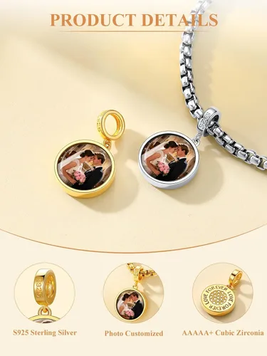 Miniatura 17 de Custom4U Photo Charms for Bracelets 925 Sterling Silver/Gold Plated Heart/Tree of Life/Round Charm Bead Personalized with Picture Custom