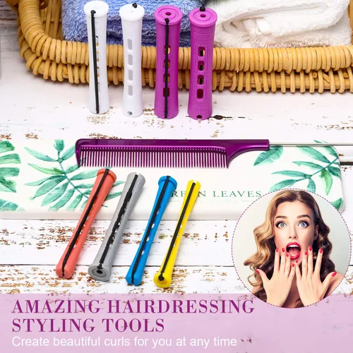 Miniatura 6 de WILLBOND Juego de 60 varillas permanentes de plástico para cabello de onda fría para cabello natural, rodillos rizadores largos y cortos con peine