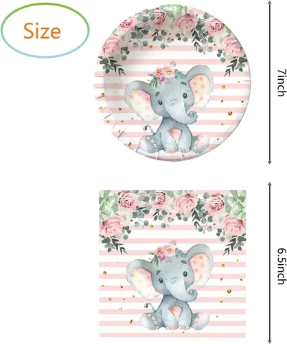 Miniatura 2 de HJFZLY Elefante Baby Shower, suministros de fiesta de cumpleaños de elefante rosa, 20 platos y 20 servilletas, decoración de fiesta de cumpleaños