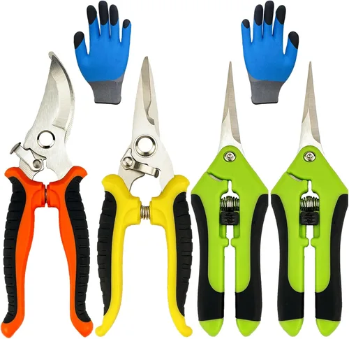 Tijeras de podar, paquete de 5 tijeras de jardín con guantes de jardinería, cortadoras manuales, tijeras de jardín de acero inoxidable, podadoras