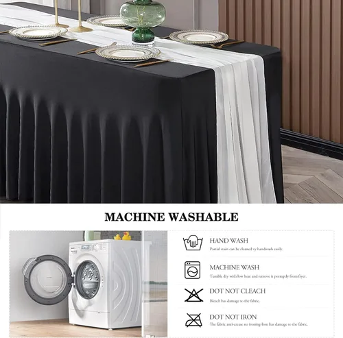 Miniatura 5 de Mantel de una pieza y falda para mesas rectangulares, mantel ajustable de elastano de 6 pies con falda de volantes para bodas, banquetes, baby Negro