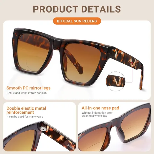 Miniatura 6 de LADEESSE Paquete de 3 lentes de sol bifocales para mujer, lentes de lectura de sol de gran tamaño con ojo de gato, estilo vintage, para exteriores
