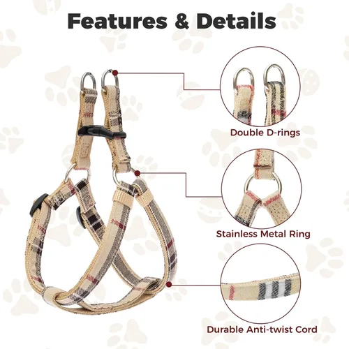 Miniatura 3 de Juego de arnés para perro con correa y collar de corbatín - Arnés para cachorro a cuadros beige, a prueba de escape, chaleco ajustable sin tirones