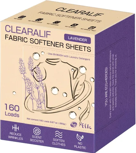 CLEARALIF Hojas suavizantes de tela para lavandería, aroma a lavanda, 160 cargas, respetuoso del medio ambiente, ideal para viajes, apartamentos,