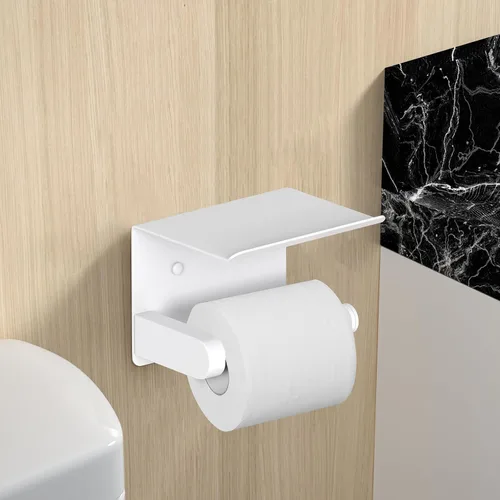 Miniatura 5 de VAEHOLD Soporte de papel higiénico autoadhesivo con estante para teléfono, soporte de rollo de papel higiénico montado en la pared de acero Blanco