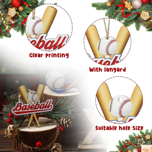Miniatura 3 de 24 piezas de adornos de bolas de deporte navideñas, juego de adornos de bolas de deporte navideñas de madera, fútbol, baloncesto, béisbol, fútbol