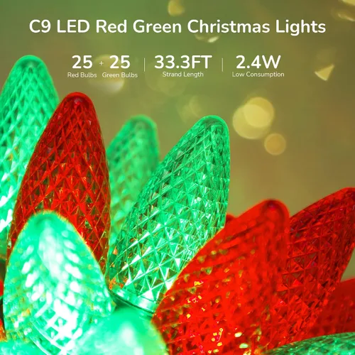 Miniatura 2 de DEWENWILS Luces de Navidad C9 para exteriores, 33.3 pies, 50 luces LED para árbol de Navidad, impermeables, grandes luces de Navidad, extensibles