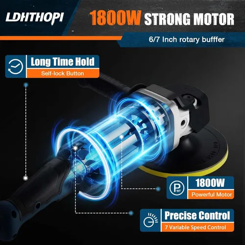 Miniatura 2 de LDHTHOPI Pulidora de amortiguador, pulidora giratoria de 1800W de 6 pulgadas/7 pulgadas, pulidora de cera con 750-3100RPM, amortiguadores