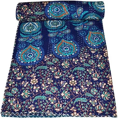 YUVANCRAFTS Colcha vintage india Kantha con estampado tradicional de mandala Kantha, manta de edredón (azul y verde, tamaño individual)
