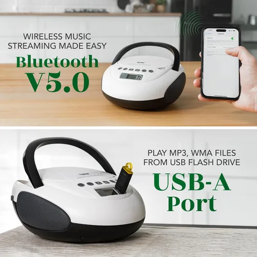 Miniatura 5 de Tyler Reproductor de CD portátil Boombox con radio FM, Bluetooth y puerto USB Sonido estéreo claro Compatible con CD-R/RW y MP3 CDs Entrada