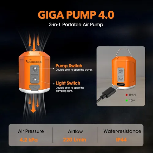 Miniatura 7 de Bomba de aire portátil 4.2kPa Bomba de aire para inflables recargable GIGA PUMP 4 con luz de campamento Ultra Air Colchón Bomba Naranja