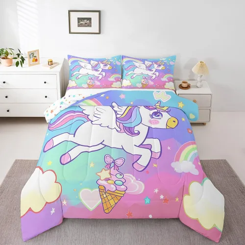 Miniatura 13 de Juego de Edredón de Princesa de Ballet para Niñas Tamaño Individual, Juego de Ropa de Cama de Castillo Arcoíris Kawaii Flores Lindas Mariquita Multi