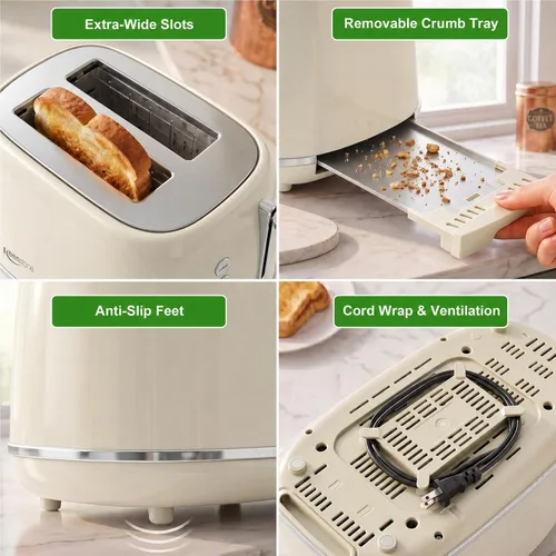 Miniatura 6 de Tostadoras de 2 rebanadas de acero inoxidable retro con bagel, función de cancelar, descongelar y 6 ajustes de tostado de pan, tostadora de bagel