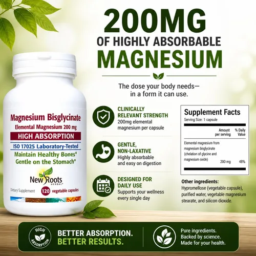 Miniatura 5 de New Roots Herbal Bisglicinato de magnesio, 120 cápsulas de suministro para 120 días, 200 mg de magnesio elemental para dormir, corazón, función