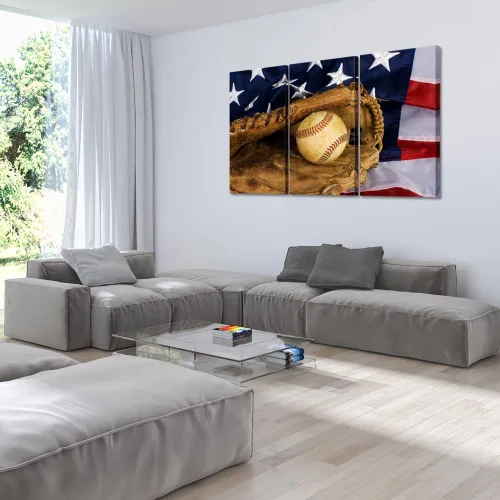 Miniatura 4 de KREATIVE ARTS - 3 impresiones en lienzo grandes para pared, póster de béisbol y bandera estadounidense, imagen deportiva impresa en lienzo, estirada