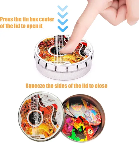 Miniatura 5 de Paquete de 12 púas de guitarra medianas con soporte de púas de cuero y caja de lata, púas de celuloide artísticas únicas para bajo, guitarra