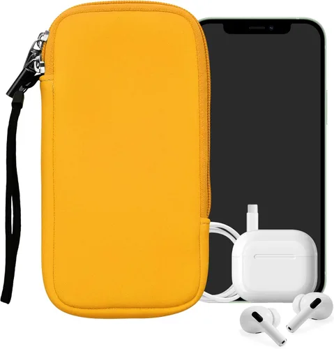 Miniatura 8 de kwmobile Bolsa de neopreno para teléfono tamaño XL - 6.7/6.8 pulgadas - Funda universal para celular con cremallera, correa para la muñeca, amarillo