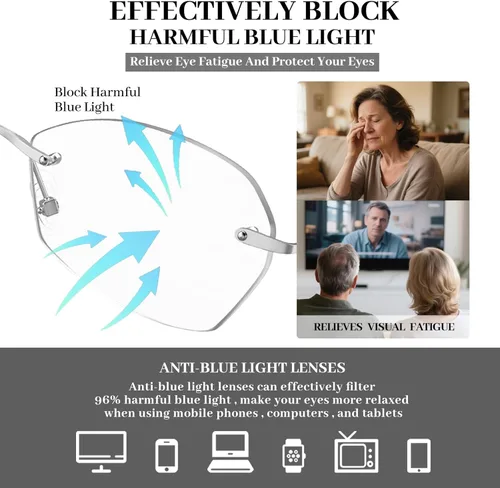 Miniatura 9 de LUFF Rimless Reading Glasses for Women Blue Light Computer Readers Lightweight 16g Metal Frame Eye Strain Relief plateado