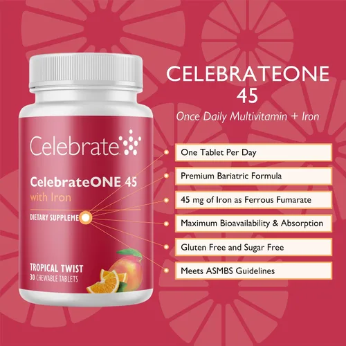 Miniatura 2 de Celebrate Vitamins CelebrateONE 45 Masticables, 45mg Hierro - Multivitamínico Bariátrico Una Vez al Día, Vitaminas y Minerales Esenciales