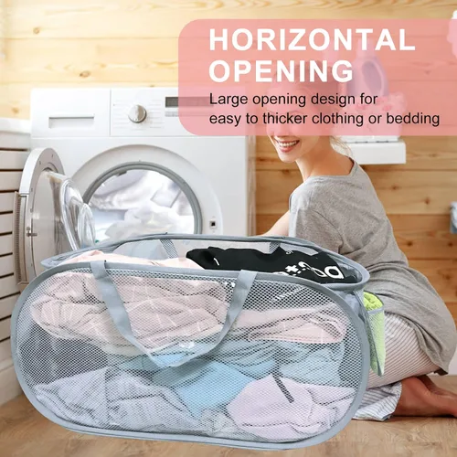 Miniatura 6 de 2 cestas de malla para la ropa sucia, canastas plegables para la ropa sucia, 75 L, cesta de almacenamiento horizontal con bolsillo lateral y asa