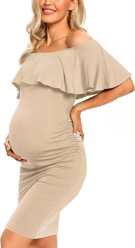 Miniatura 2 de Vestido de maternidad ajustado con volantes y hombros descubiertos, vestido de embarazo formal para baby showerfotografía