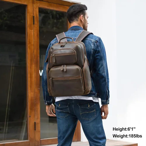 Miniatura 6 de TIDING Mochila para portátil de cuero vintage de 15.6 pulgadas para hombre, con múltiples bolsillos, mochila de viaje para negocios