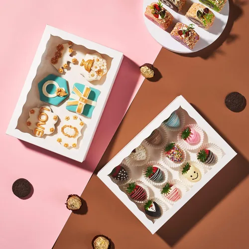 Miniatura 7 de Cajas de cartón de alta calidad de 10 x 7 x 2.5 pulgadas con ventana transparente para galletas, fresas paquete con 25 unidades. blanco elegante