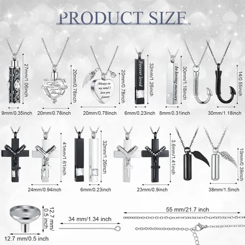 Miniatura 32 de 16 piezas de collar de urna para cenizas, medallón de cenizas talladas de acero inoxidable impermeable con 8 kit de relleno, cilindro de corazón