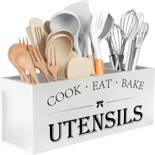 Suli Soporte extra grande para utensilios de cocina con 4 compartimentos, organizador de utensilios de madera para encimera, decoración de cocina de