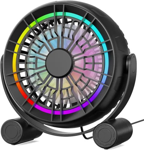 Ventilador de escritorio USB RGB – Ventilador de mesa portátil silencioso de 3 velocidades, 8 luces LED de color, rotación de 360°, ventilador