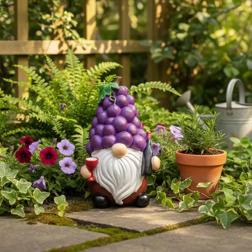 Miniatura 3 de Etlemonde Divertida estatua de gnomo de jardín caprichosa, decoración de resina en forma de uva de 5.9 pulgadas con botella de vino y vidrio, adorno