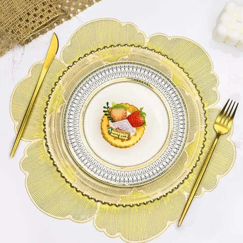 Miniatura 4 de Paquete de 6 manteles individuales redondos con diseño floral dorado y amarillo, manteles individuales de vinilo para mesa de comedor, lavables
