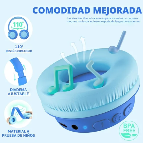 Miniatura 7 de iClever BTH22 - Auriculares Bluetooth para niños, tiempo de reproducción de 60 horas, carga rápida USB C, Bluetooth 5.4, cable AUX, volumen seguro