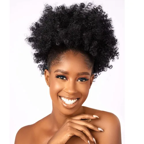 Miniatura 17 de Extensión de cola de caballo rizada con cordón Afro Puff para mujeres negras, extensiones de cabello sintético corto afro Kinkys rizado, extensión