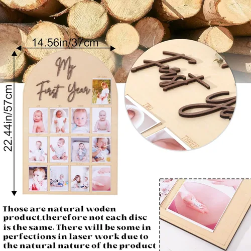 Miniatura 2 de Tablero de fotos de madera de un año, tablero de hitos del mes del primer año, decoraciones de primer cumpleaños para niña/niño, pancarta de 12 meses