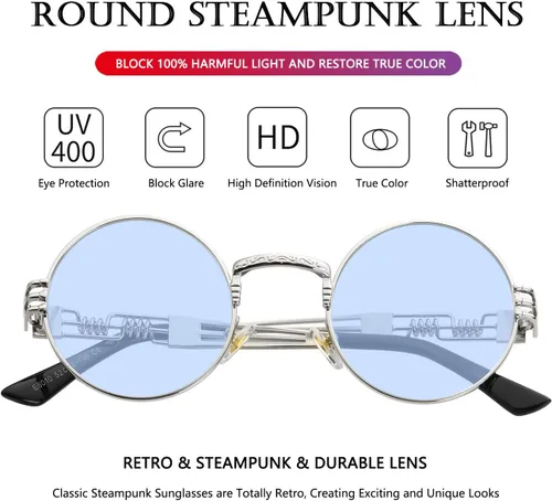 Miniatura 4 de AIEYEZO Gafas de sol redondas Steampunk Circle Lennon Hippie, montura de metal, lente con bloqueo UV 100%