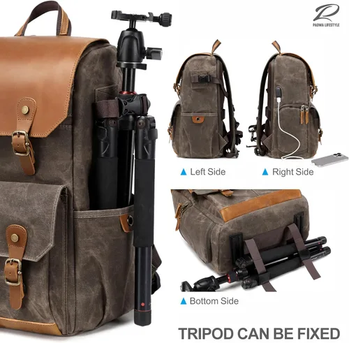 Miniatura 5 de Mochila para cámara Padwa Lifestyle - Bolsa de cámara de lona de memoria encerada resistente al clima para fotógrafos, Café