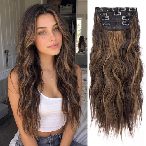 Miniatura 15 de Extensiones de cabello sintético con pinzas, largas y lacias, gruesas, extensiones de cabello natural de fibra de color rubio 613 de doble trama, 20