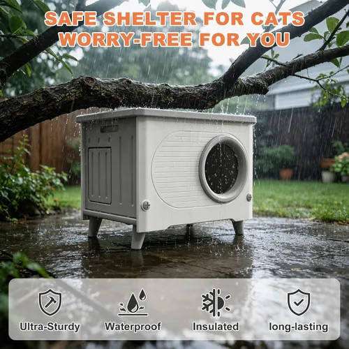 Miniatura 2 de Casa para gatos al aire libre, resistente a la intemperie, refugio para gatos con puerta de escape y solapa de puerta de PET, apilable elevado
