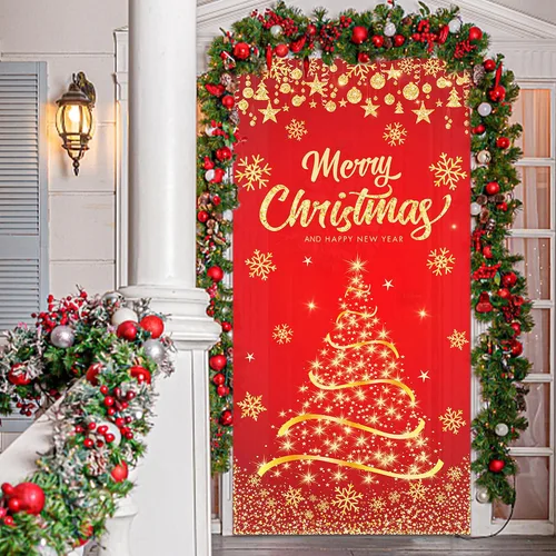 Miniatura 5 de Cubierta de Puerta de Navidad Árbol de Navidad Dorado Feliz Navidad Purpurina Copo de Nieve Cubierta de Puerta Pancartas Fondo de Fotografía