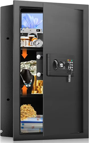 Miniatura 9 de Caja fuerte de pared de 17.7 pulgadas de alto entre los postes de 16 pulgadas, caja fuerte de pared oculta con 2 estantes extraíbles y bandeja