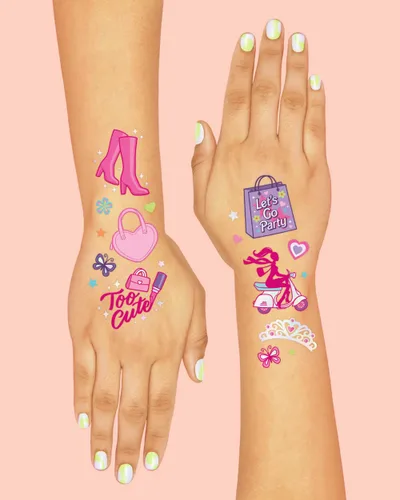 Miniatura 4 de xo, Fetti Tatuajes temporales de fiesta rosa - 84 estilos Suministros de fiesta de cumpleaños rosa, recuerdo de fiesta, decoraciones lindas, cesta