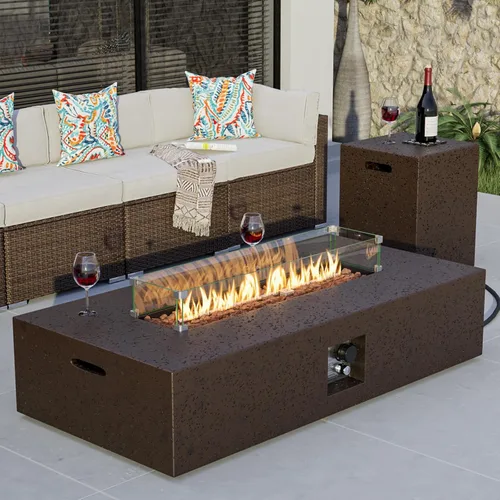 Miniatura 14 de COSIEST mesa de fogata a propano para exteriores de 35 pulgadas cuadrada de arenisca con protector contra el viento y mesa lateral, certificada