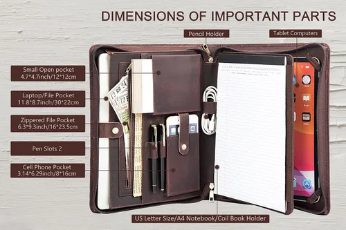 Miniatura 6 de AZXCG Portafolio de cuero para hombre, hecho a mano, con cremallera, organizador de documentos de negocios para cuaderno tamaño carta A4, funda