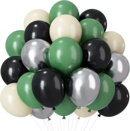 Globos verdes y negros, globos metálicos de 12 pulgadas, color plateado, verde, arena, blanco y negro, globos de fiesta de fútbol, helio, globos de
