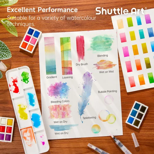 Miniatura 2 de Shuttle Art - Juego de pintura de acuarela de 48 colores en medias bandejas con 2 bolígrafos de pincel de agua, 10 pinceles de pintura, 1