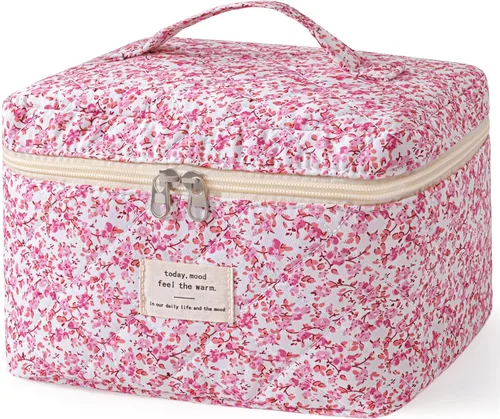 Miniatura 8 de HBselect Bolsa de Maquillaje Acolchada, Bolsa de Maquillaje Grande de Algodón para Viaje, Lindas Bolsas de Maquillaje con Flores Coquette, Bolsas